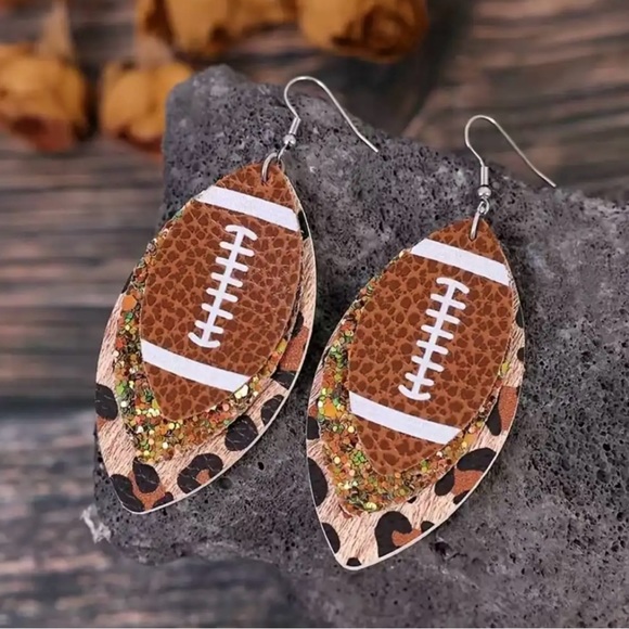 🏈 New! Layered Leopard Glitter PU Leather Football Dangle Earrings - Picture 6 of 7